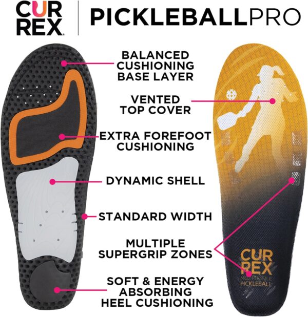 CURREX PICKLEBALLPRO Insoles for Pickleball Shoes – Arch Support Inserts w/Super Grip Surface & Premium Heel Cushioning, Helps Improve Foot Stability – for Men & Women– Low Arch, Medium