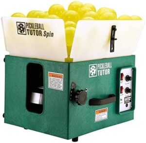 Pickleball Tutor Spin Model with Remote, 2-Line, Electronic Elevation. Variable SIDESPIN. Made in USA by #1 Pickleball Machine Company.