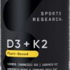 Sports Research® Vegan D3 5000iu with Vitamin K2 100mg - Formulated with Coconut MCT Oil - Vegan Certified, Soy & Gluten Free - 60 Softgels