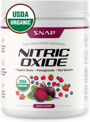 Snap Supplements Organic Beet Root Powder, Nitric Oxide Superfood Supplement with Beets, B Vitamins, Pomegranate & Red Spinach for Energy, Heart Health & Circulation Support, 30 Servings, Mixed Berry