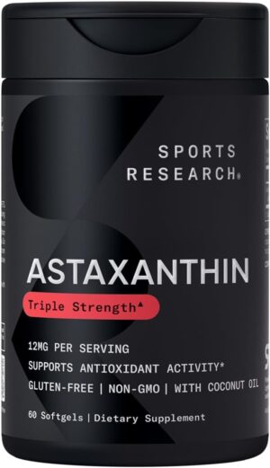 Sports Research Triple Strength Astaxanthin 12mg with Organic Coconut Oil - Antioxidant Supplement, Non-GMO Verified & Gluten Free - 60 Softgels