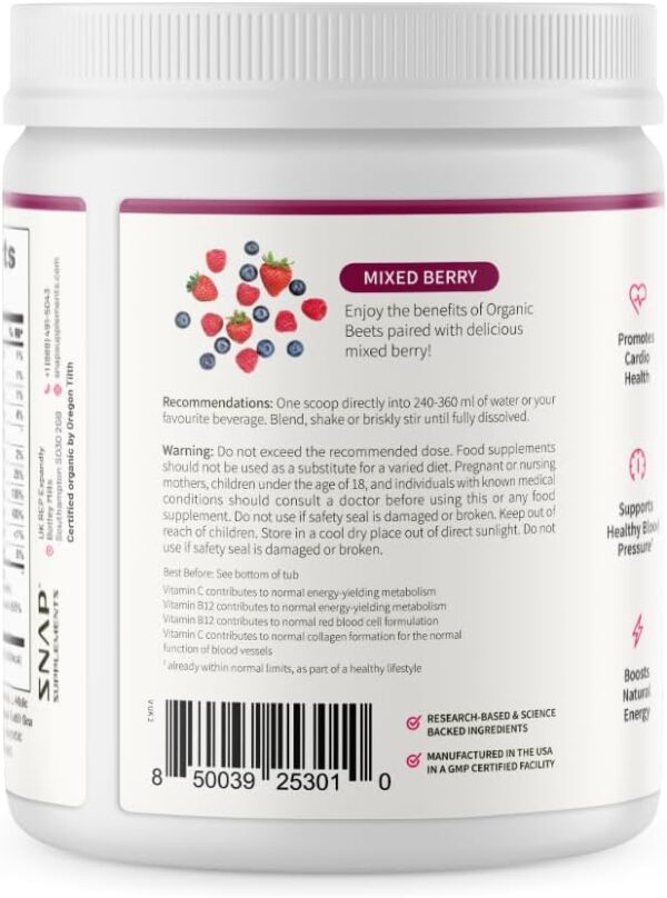 Snap Supplements Organic Beet Root Powder, Nitric Oxide Superfood Supplement with Beets, B Vitamins, Pomegranate & Red Spinach for Energy, Heart Health & Circulation Support, 30 Servings, Mixed Berry