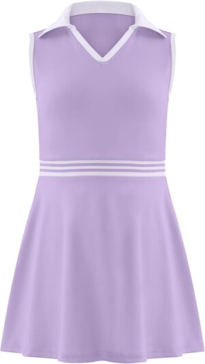 Girls Tennis Dress Golf Outfit Sleeveless Athletic Dresses Polo V Neck Sport Skirt with Pockets 4-13Y