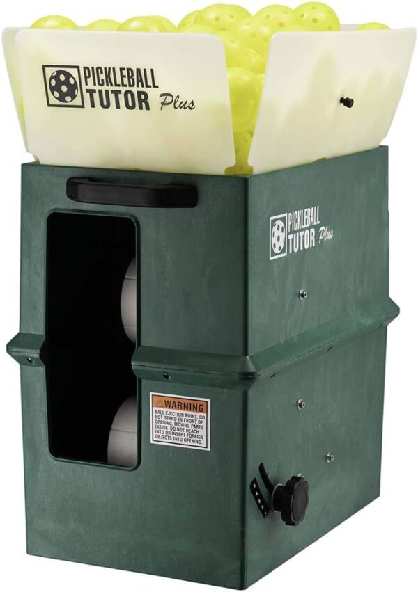 Pickleball Tutor Plus Model. with Remote. Variable TOPSPIN and Backspin. Made in USA by #1 Pickleball Machine Company.