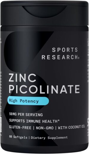 Sports Research Zinc Picolinate 50mg with Organic Coconut Oil | Highly Absorbable Zinc Supplement for Healthy Immune Function - Non-GMO Verified, Gluten & Soy Free (60 Liquid Softgels)