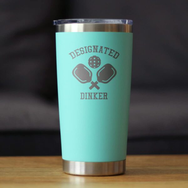 Designated Dinker - Insulated Coffee Tumbler Cup with Sliding Lid - Stainless Steel Insulated Mug - Funny Pickleball Themed Gifts and Decor - Teal