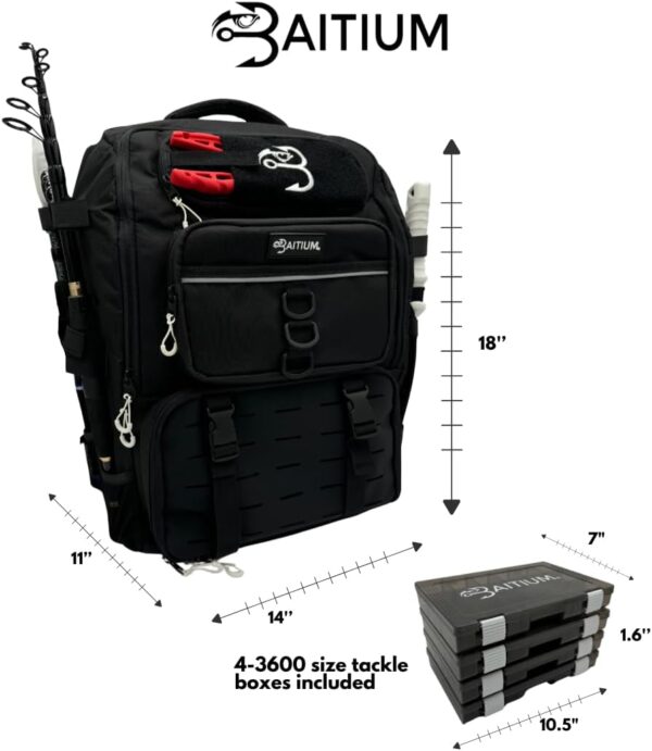 Fishing Backpack, Tackle Bag With Rod Holders, 40L Capacity With Cooler, Rain Cover, Insulated Pocket, 4 Tackle Trays Included (Jet Black)