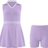 Girls Tennis Dress Golf Outfit Sleeveless Athletic Dresses Polo V Neck Sport Skirt with Pockets 4-13Y