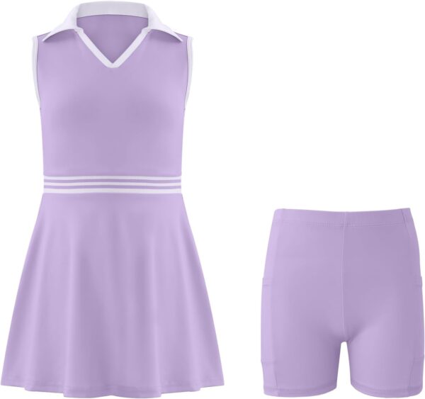 Girls Tennis Dress Golf Outfit Sleeveless Athletic Dresses Polo V Neck Sport Skirt with Pockets 4-13Y