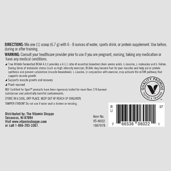 True Athlete BCAA 4:1:1-4gm L-Leucine, 1gm L-Isoleucine & 1gm L-Valine per Serving (6.35 Ounces Powder)