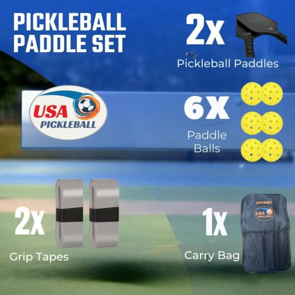Pickleball Paddles Set of 2, Carbon Fiber Set, Lightweight Graphite Pickle Ball Rackets 2-Pack with 6 Balls & Grip tape, 1 Carrying Bag, Pickleball Paddle Kit for All Players