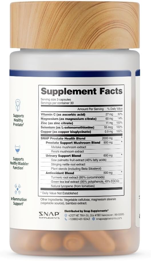 Snap Supplements Prostate Health Support Supplement, Saw Palmetto for Men Plus Stinging Nettle Root, Magnesium Citrate, Zinc and Plant Sterols, Supports Male Urinary Tract Health, 90 Capsules