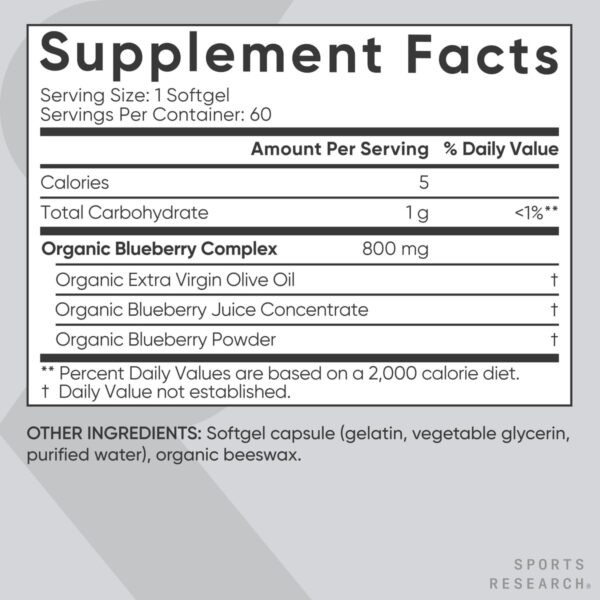 Sports Research Blueberry Capsules - Made from Organic Blueberries with Organic Extra Virgin Olive Oil - Non-GMO & Gluten Free - 60 Liquid Softgels