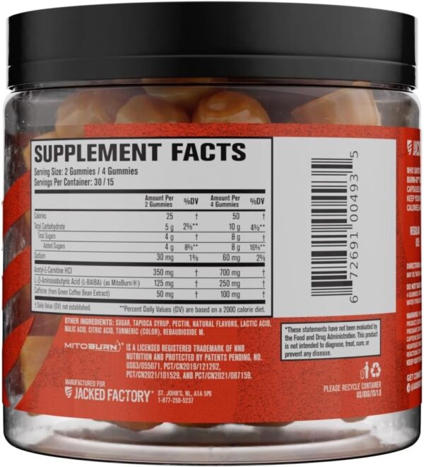 Jacked Factory Burn-XT Weight Loss Gummies - Thermogenic Fat Burner & Appetite Suppressant Gummies with Acetyl-L-Carnitine HCL, MitoBurn, & Caffeine - 60 Gummies, Tangerine Sour