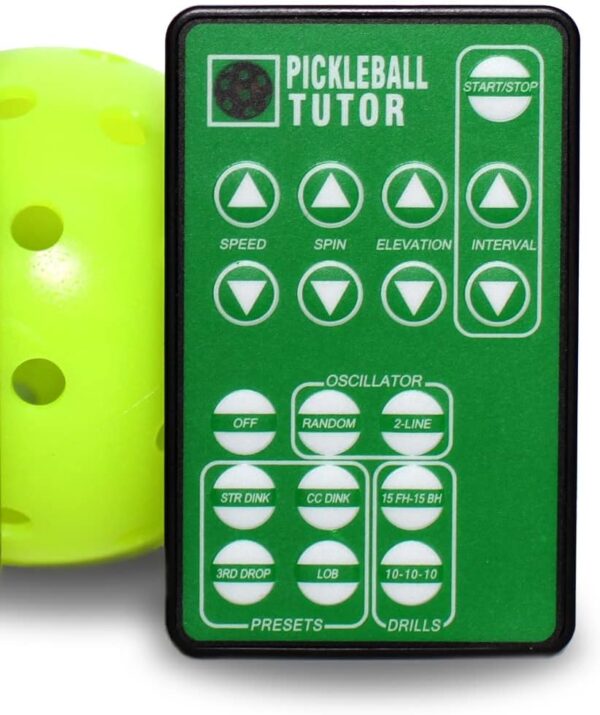 Pickleball Tutor Spin Ultra Model. with Multi-Function Remote. Variable SIDESPIN. Includes Popular PRESET Shots and DRILS. Made in USA by #1 Pickleball Machine Company.