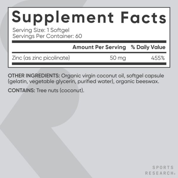 Sports Research Zinc Picolinate 50mg with Organic Coconut Oil | Highly Absorbable Zinc Supplement for Healthy Immune Function - Non-GMO Verified, Gluten & Soy Free (60 Liquid Softgels)