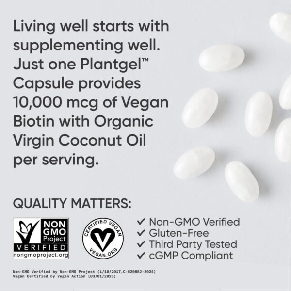 Sports Research® Biotin 10,000mcg with Organic Coconut Oil - Biotin (Vitamin B7) for Healthy Skin and Hair Support* - for Women and Men - Vegan, Non-GMO, Gluten & Soy-Free - 120 Veggie Softgels