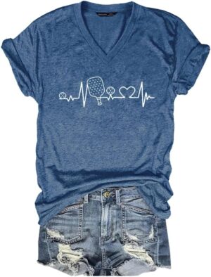 Pickleball Shirts Women Heartbeat Print Graphic Tshirt Summer Casual Tee Tops