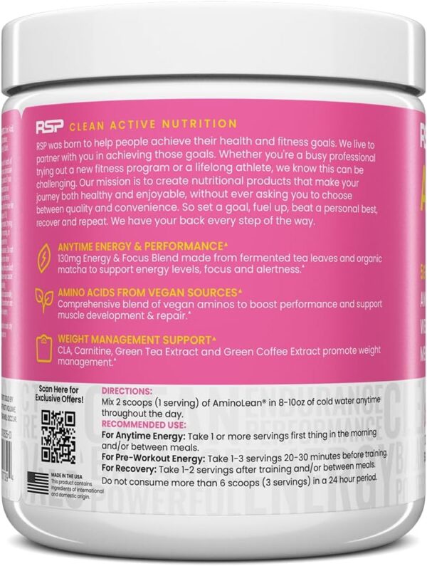 RSP NUTRITION AminoLean Pre Workout Powder, Amino Energy & Weight Management with Vegan BCAA Amino Acids, Natural Caffeine, Preworkout Boost for Men & Women, 30 Serv, Pink Lemonade…