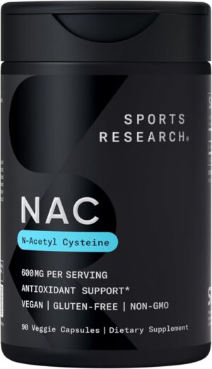 Sports Research N-Acetyl L-Cysteine (NAC) 600mg, 90 Veggie Capsules - Vegan, Non-GMO, Gluten Free. Lemon Aroma