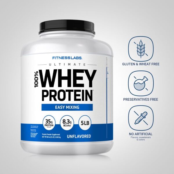 Fitness Labs Whey Protein Powder Unflavored | 5 lbs | 80 oz | Easy Mix Ultimate Supplement | Non-GMO, Gluten Free