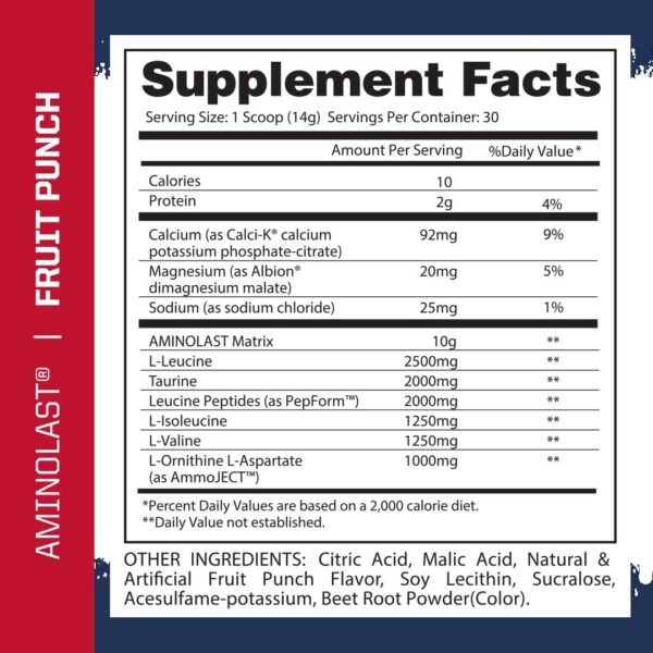 Gaspari Nutrition Aminolast, Recovery and Endurance BCAA Superfuel, 2:1:1 Amino Acid Ratio, Fueled with Electrolytes (30 Servings, Fruit Punch)
