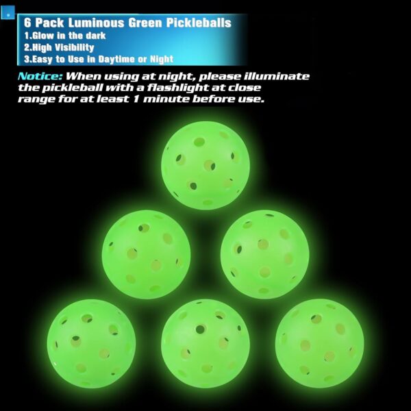 Pickleball Balls, 6 Pack Outdoor Glow in The Dark Pickleballs with Mesh Bag, Luminous Gifts, Light Up Green, High Visibility & Durable for Training