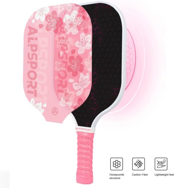 Sakura Pink Pickleball Paddles Set of 1/2, USAPA Approved Fiberglass Graphite Cherry Racquet with Tied Grips, 2 Indoor Outdoor Pickleball Balls, 1 Cover Bag Men Women