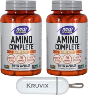 NOW Foods Sports Nutrition, Amino Complete™ | Protein Blend with 21 Aminos and B-6 | 120 Veg Capsules - Pack of 2 with Pill Organizer