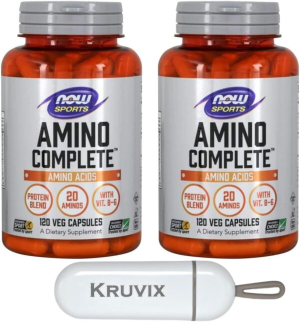 NOW Foods Sports Nutrition, Amino Complete™ | Protein Blend with 21 Aminos and B-6 | 120 Veg Capsules - Pack of 2 with Pill Organizer
