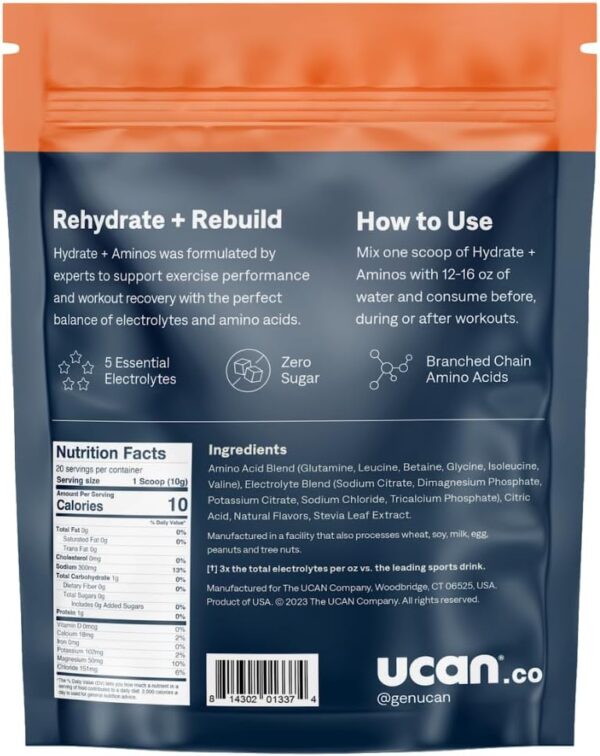 UCAN Hydrate + Aminos, Orange 20 Serving Bag, Keto, Sugar-Free Electrolyte + Muscle Recovery, Essential Electrolytes + EAAs & BCAAs, Non-GMO, Vegan, for Runners, Gym-Goers, Performance Athletes