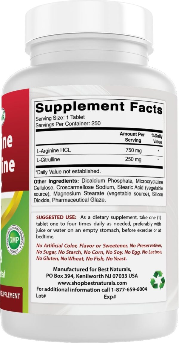 Best Naturals L-Arginine L-Citrulline Complex 1000 mg 250 Tablets (250 Count (Pack of 3))