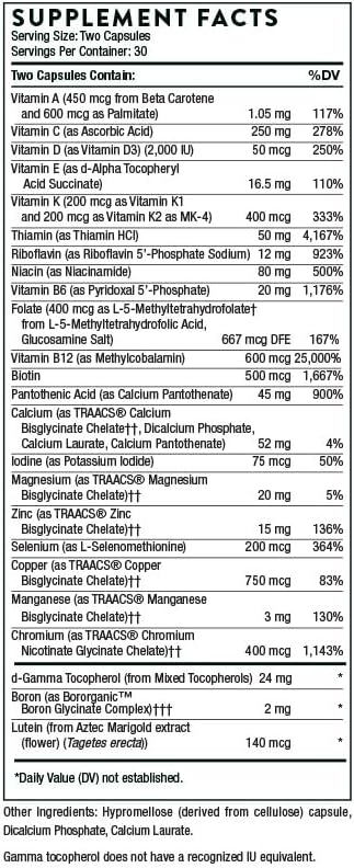 THORNE Basic Nutrients 2/Day - Comprehensive Daily Multivitamin with Optimal Bioavailability - Vitamin & Mineral Formula - Gluten, Dairy & Soy-Free - 60 Capsules - 30 Servings