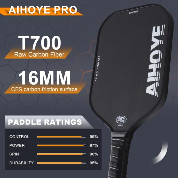 Aihoye PRO Pickleball Paddles- Raw T700 Carbon Fiber Textured Surface (CFS) with High Grit & Spin, Pickleball Paddles with 16MM Polypropylene Honeycomb Core, USAPA Approved