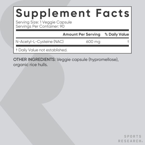Sports Research N-Acetyl L-Cysteine (NAC) 600mg, 90 Veggie Capsules - Vegan, Non-GMO, Gluten Free. Lemon Aroma