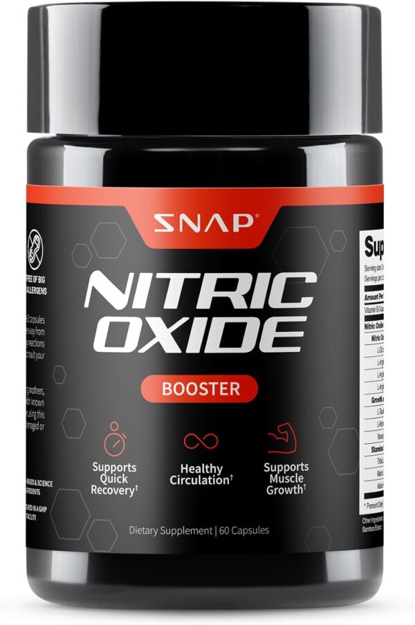 Snap Supplements Nitric Oxide Booster Supplement with L Arginine and L Citrulline Essential Amino Acids and Ginseng Root, Energy, Heart Health, Muscle Growth & Circulation Support, 60 Capsules