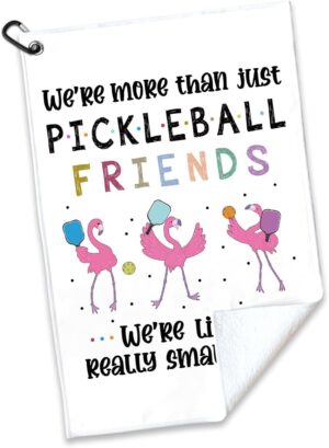 We are More Than Just Pickleball Friends Polyester and Cotton Blend Printed Sport Towel with Clip, Pickleball Gift for Pickleball Lover, Funny Flamingo Pickleball Accessories for Men Women,