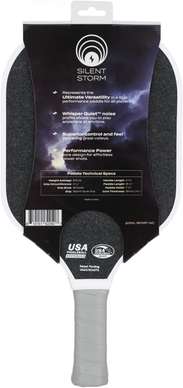OWL Sport SILENT STORM Paddle | 100% USAPA Tournament & League Approved | Maximum Control Play 16 MM Core | Patented High Performance Surface | Over 50% Noise Reduction | Elite Play for All Players