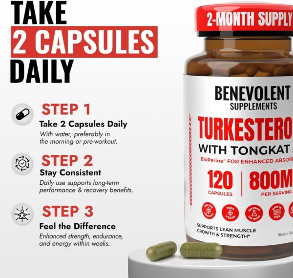 BENE Turkesterone with Tongkat Ali & BioPerine (Max Absorption) - Highest Purity 8,000mg Turkesterone Supplement for Men & Women - Increase Stamina, Muscle Growth, Drive & Recovery, 2 Months Supply
