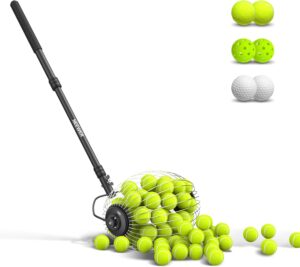 NEEWER Tennis Ball Hopper, 30-58"/77-148cm Telescopic Golf Ball Retriever Pickleball Picker Upper, Rolling Collector Basket Holder Roller for 1.5"-3" Balls, Training Accessories & Equipment, TB01S