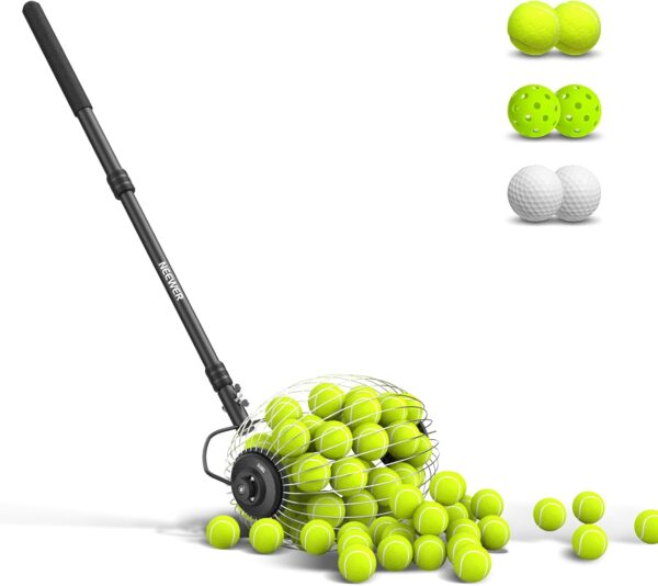 NEEWER Tennis Ball Hopper, 30-58"/77-148cm Telescopic Golf Ball Retriever Pickleball Picker Upper, Rolling Collector Basket Holder Roller for 1.5"-3" Balls, Training Accessories & Equipment, TB01S