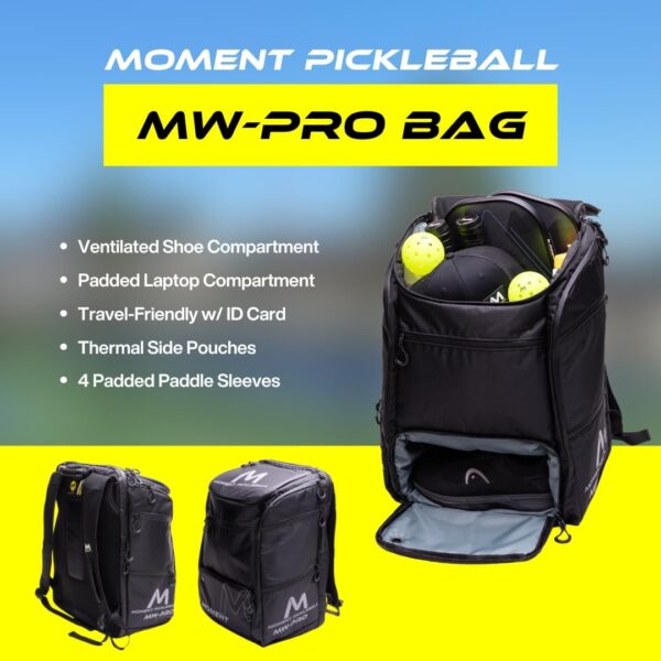 MOMENT MW-PRO Pickleball Bag | 2 Fence Hook Straps | 4 Pockets for Paddles, Balls, Shoes | Spacious Storage | Travel Ready