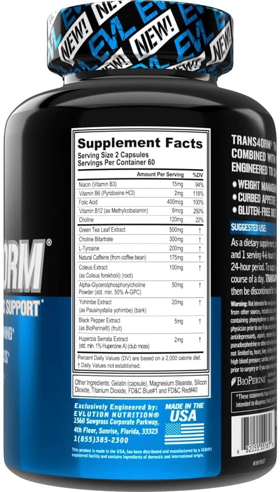 EVL Thermogenic Fat Burner Support - Fast Acting Weight Loss Energy and Appetite Support - Trans4orm Green Tea Supplement for Men and Women - 60 Servings
