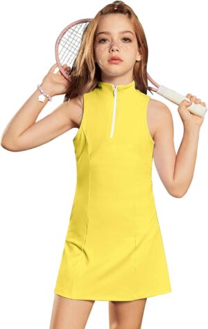 Perfashion Girls Tennis Dress 1/4 Zip Golf Outfit Built-in Bra & Shorts Athletic Dress Workout and Pockets 4-13Y