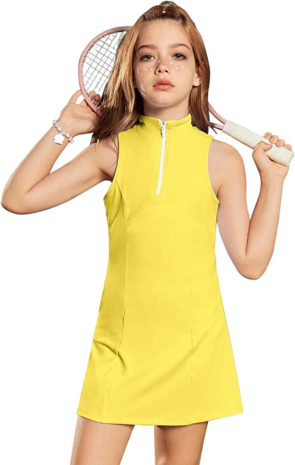 Perfashion Girls Tennis Dress 1/4 Zip Golf Outfit Built-in Bra & Shorts Athletic Dress Workout and Pockets 4-13Y
