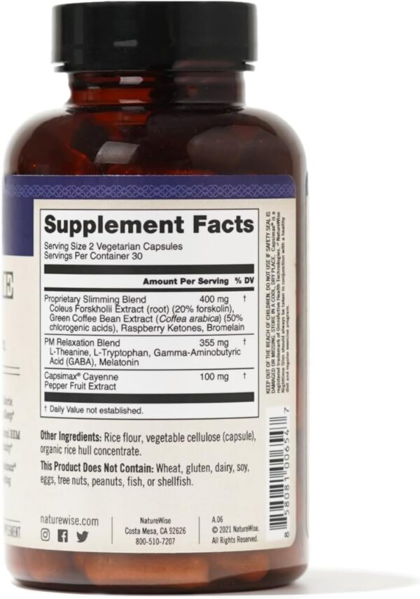 Naturewise Nighttime Fitness Support Supplement & Natural Sleep Aid with Cayenne Extract, Green Coffee Bean, GABA, L-Theanine - Vegetarian, Non-GMO - 60 Capsules[1-Month Supply]