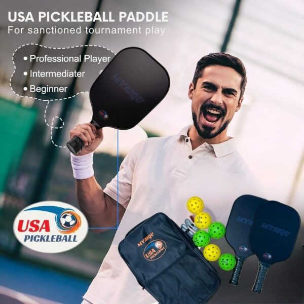 Pickleball Paddles Set of 2, Carbon Fiber Set, Lightweight Graphite Pickle Ball Rackets 2-Pack with 6 Balls & Grip tape, 1 Carrying Bag, Pickleball Paddle Kit for All Players