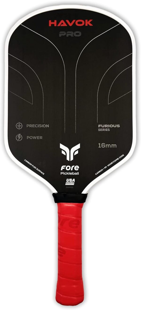 Havok Pro Pickleball Paddle: Carbon Fiber Surface for Enhanced Power, Precision and Maximum Spin - Large Sweet Spot and USAPA Approved - Red