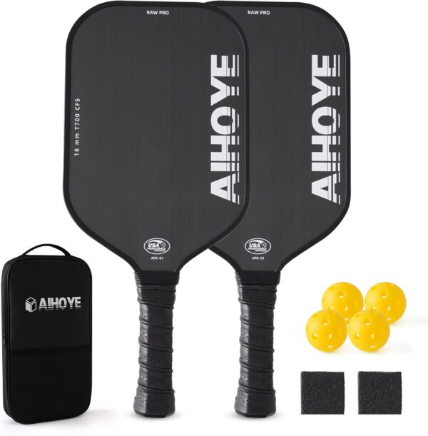 Aihoye PRO Pickleball Paddles- Raw T700 Carbon Fiber Textured Surface (CFS) with High Grit & Spin, Pickleball Paddles with 16MM Polypropylene Honeycomb Core, USAPA Approved