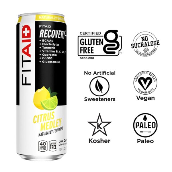 FITAID Recovery Blend, BCAAs, Vitamin B6, B12, Glucosamine, Electrolytes, 100% Clean, Paleo, B-Complex, Citrus Medley, No Sucralose, 12-oz. cans (Pack of 12)